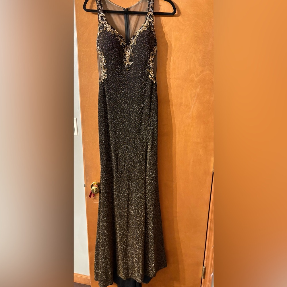 Brown and Gold Beaded Prom Dress with Leg Slit